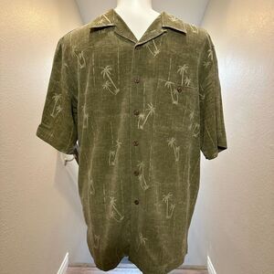 Caribbean 100% Silk Button Down Shirt L Island Green Palms